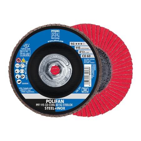 4-1/2 X 5/8-11 Thd. POLIFAN® Flap Disc - CO-COOL SG STEELOX, Ceramic Oxide, 60 Grit, Flat